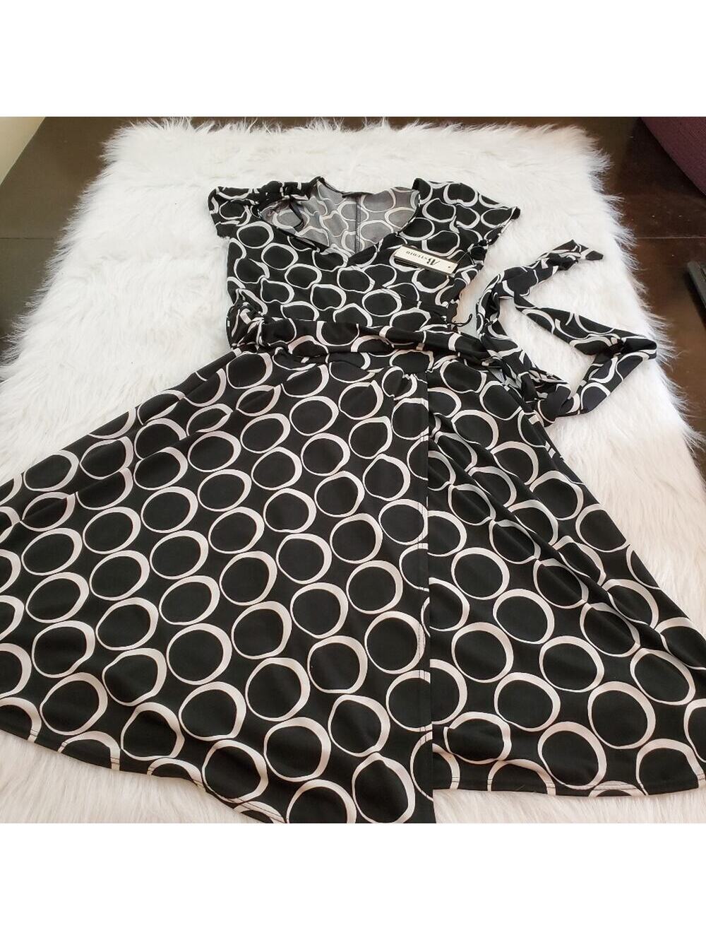 AB Studio Small Black & White Circle Print Faux Wrap Dress